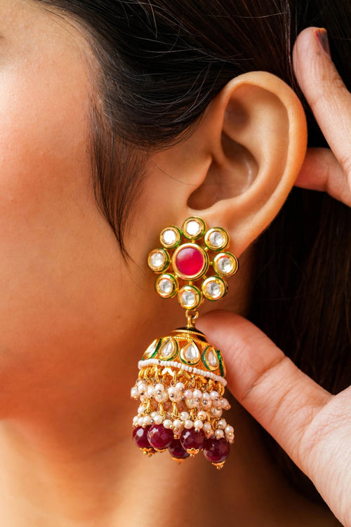 Aazeena Kundan Gold Plated Fusion Jhumka Earrings