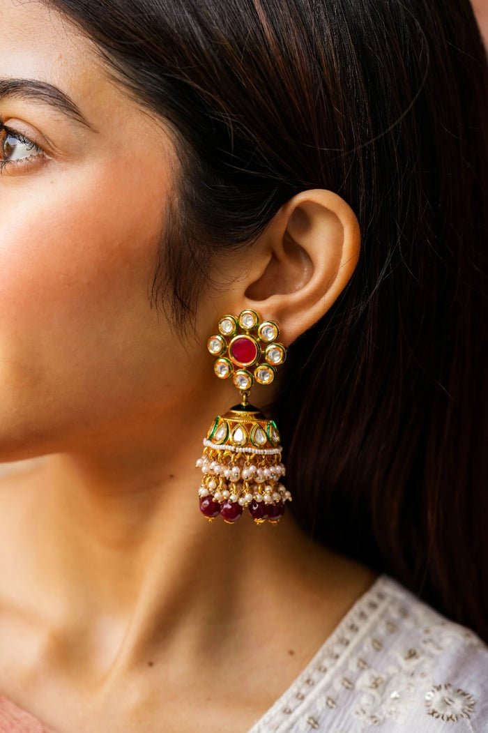 Aazeena Kundan Gold Plated Fusion Jhumka Earrings
