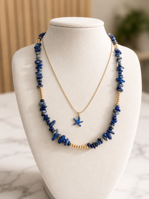 Styled shot of Abigail hand beaded natural stone necklace by VEITA, LUXE collection.