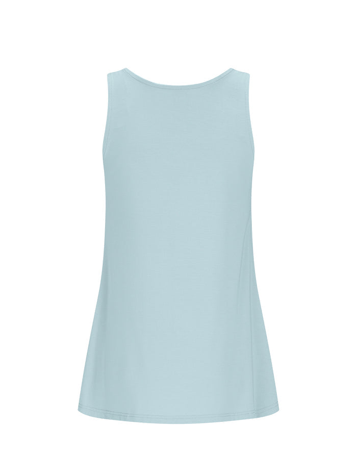 Light Topaz blue reversible black a-line singlet with scoop and boat necklines and long line body, women's bamboo clothing