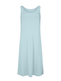 Reversible light Topaz blue sleeveless a-line mid length bamboo dress with boat or round necklines, on a white background