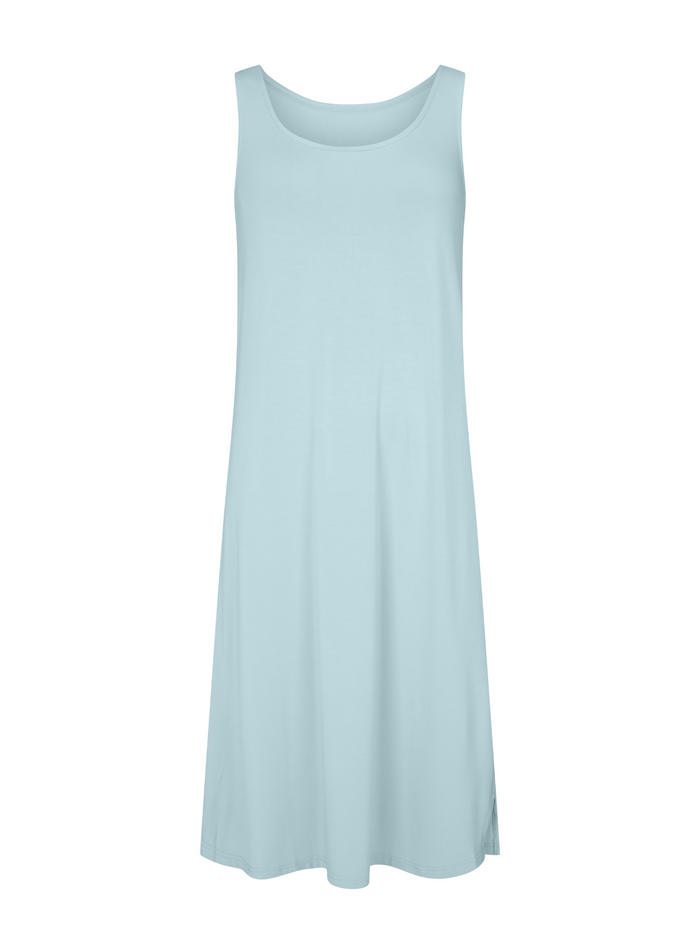 Reversible light Topaz blue sleeveless a-line mid length bamboo dress with boat or round necklines, on a white background
