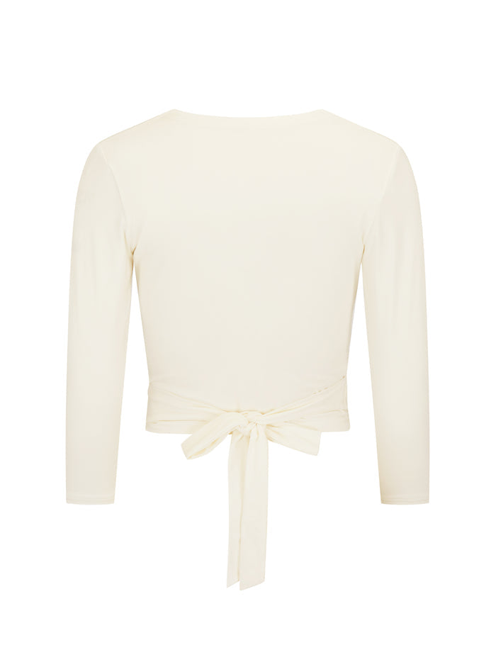 cream wrap around style ballet wrap top with plunge neckline and fitted 3/4 sleeves, and tie detail, women's bamboo clothing
