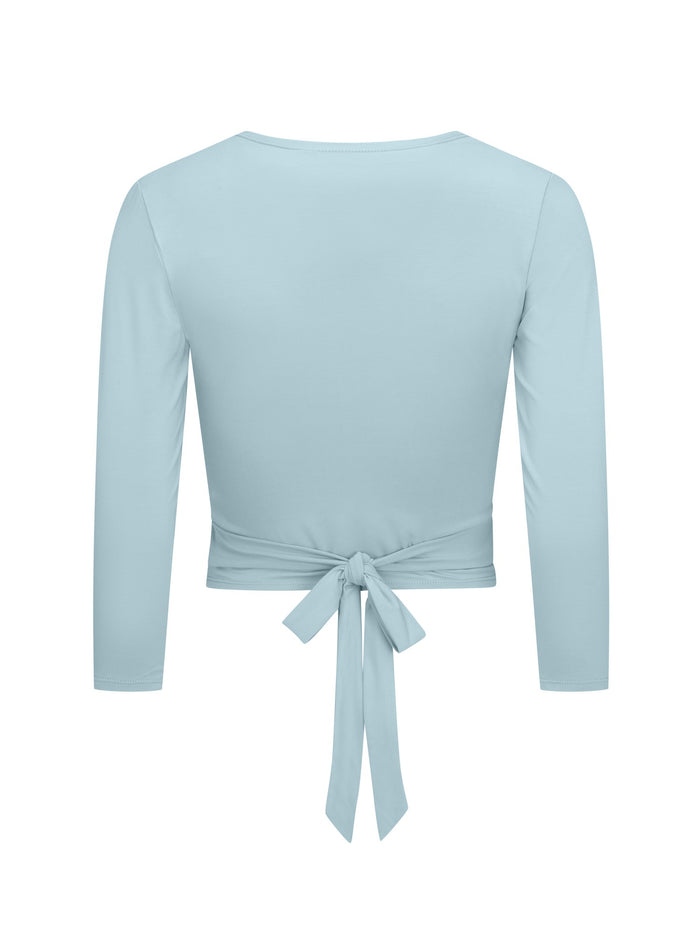 Bamboo light topaz blue wrap cardigan top with a tie detail on a white background