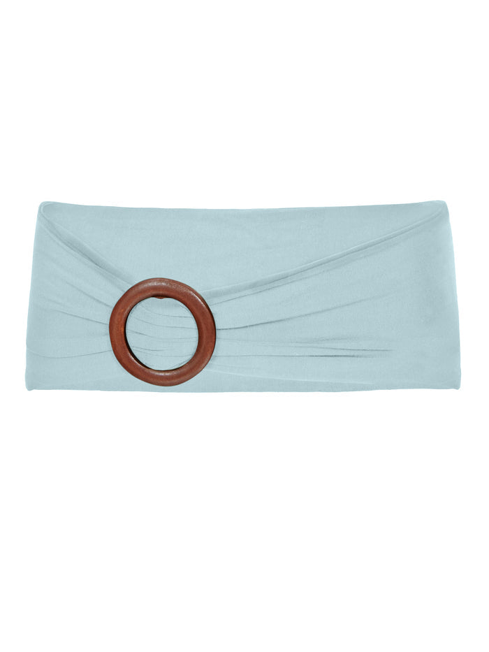 Bamboo light topaz blue belt with a brown circular wooden buckle on a white background