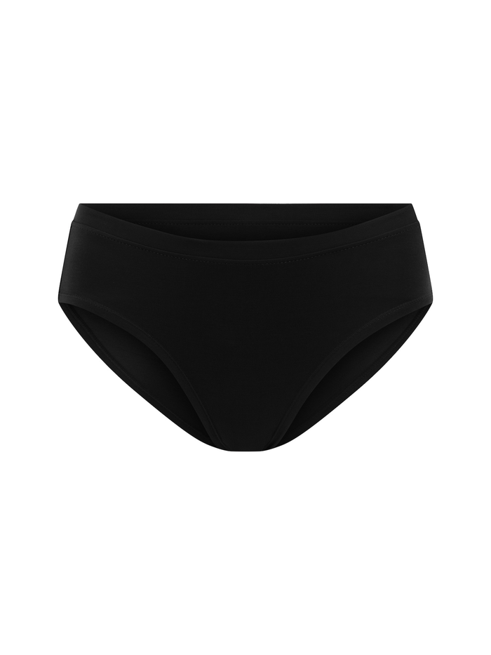 Black mid-waisted bikini bottom on a white background