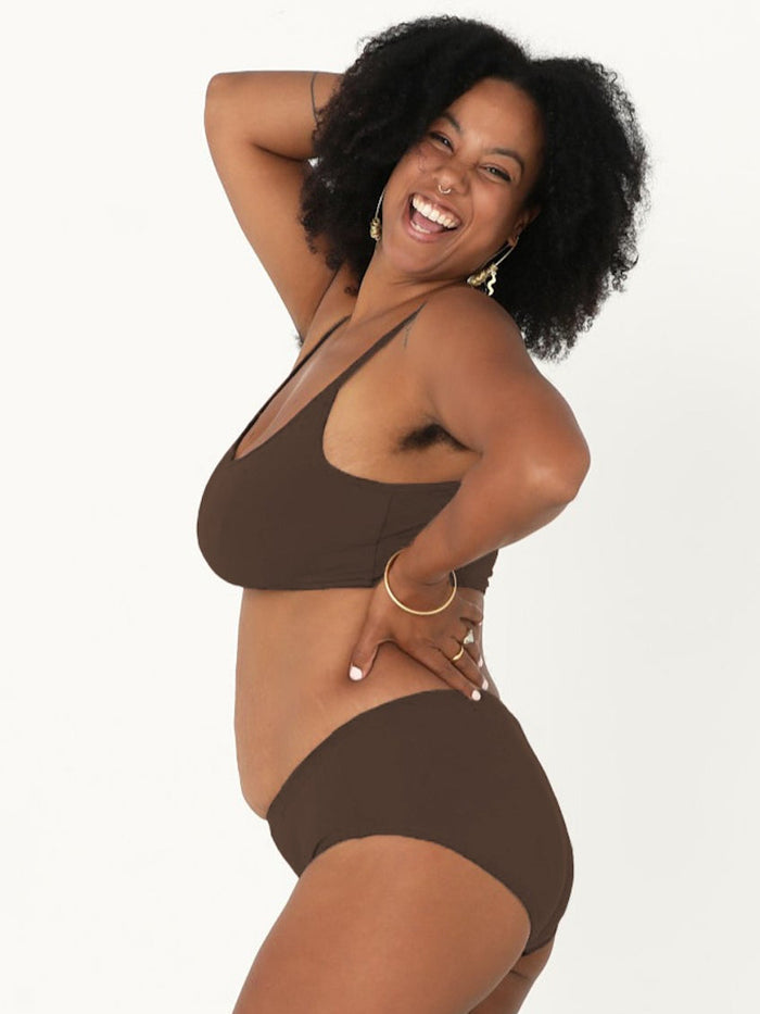 Model wears Bamboo Cocoa Yoga Bra with Cocoa Best Bum Knickers