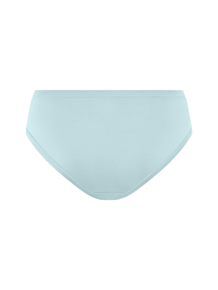 Light blue high-waisted bikini bottom on a white background