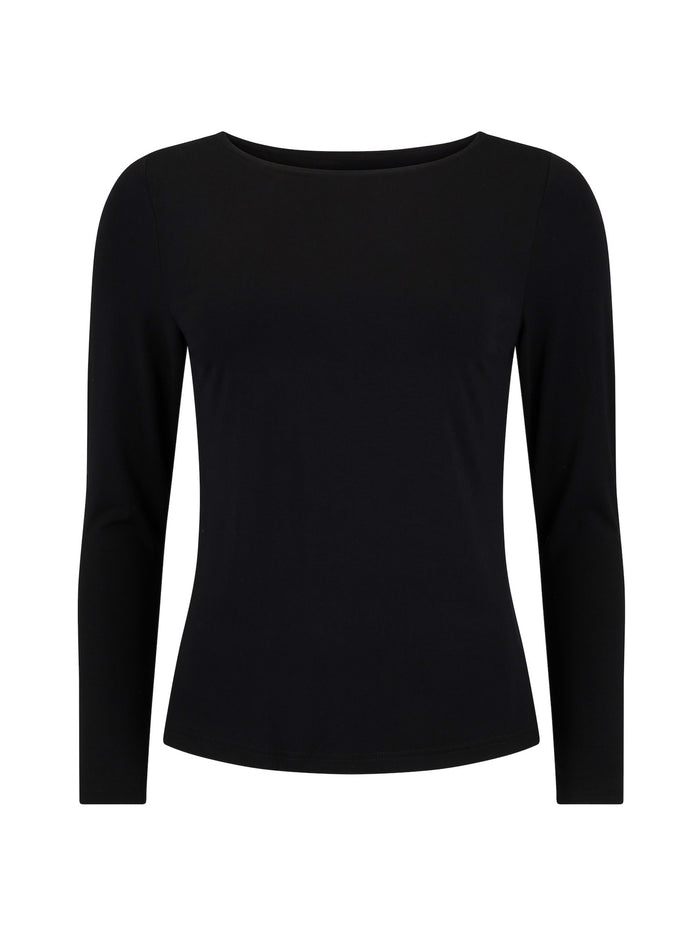 black boat neck long sleeve t-shirt, fitted through shoulders and chest with loose fit to waist, women's bamboo clothing