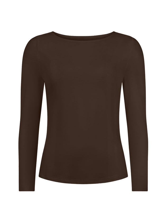 Cocoa brown boat neck long sleeve t-shirt, fitted through shoulders and chest with loose fit to waist, women's bamboo clothing