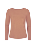 A long-sleeve boatneck top in a tan caramel color, displayed on a clean white background.