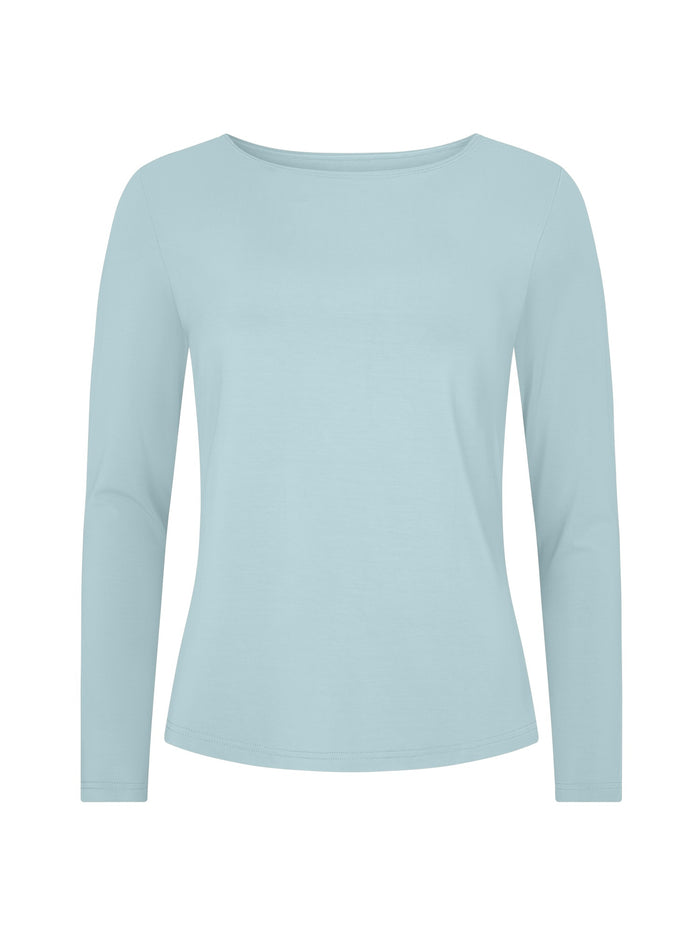 A light blue long-sleeve boat neck top displayed on a clean white background.