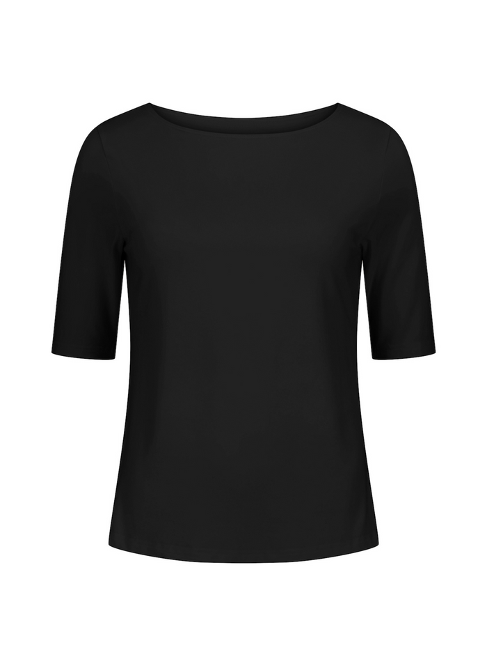 Black bamboo boat neck t-shirt with three-quarter sleeves on a white background