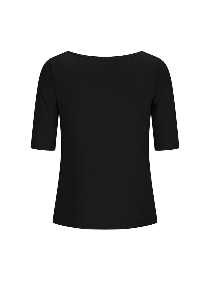 Black bamboo boat neck t-shirt with three-quarter sleeves on a white background