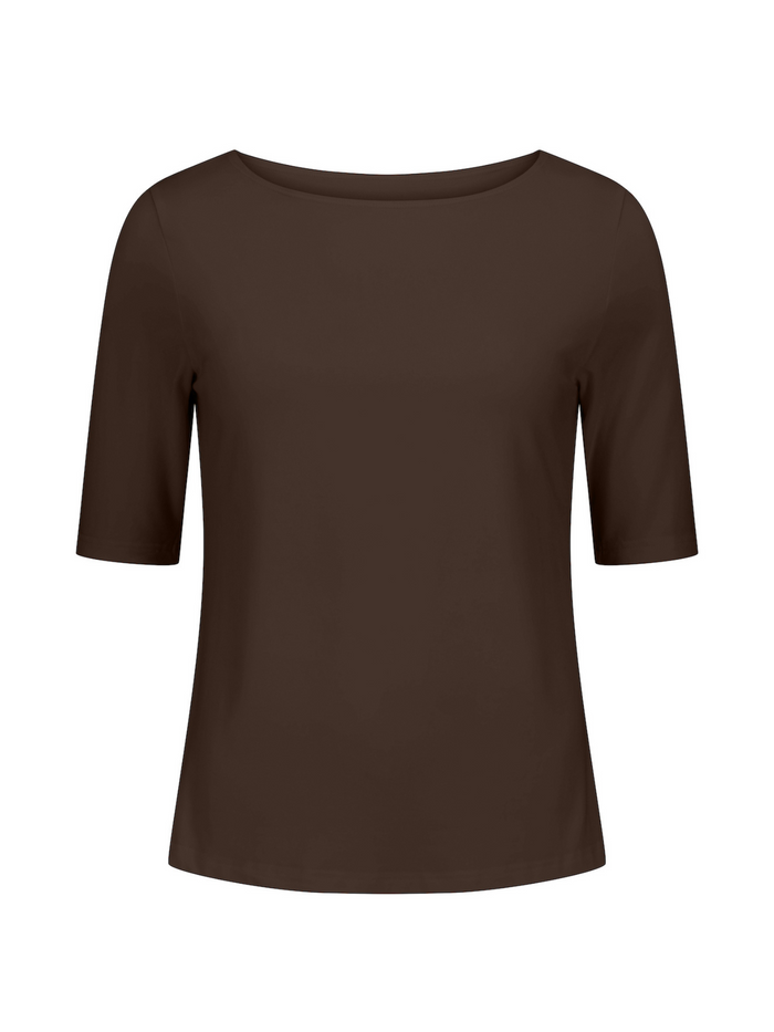Cocoa brown bamboo boat neck t-shirt with three-quarter sleeves on a white background