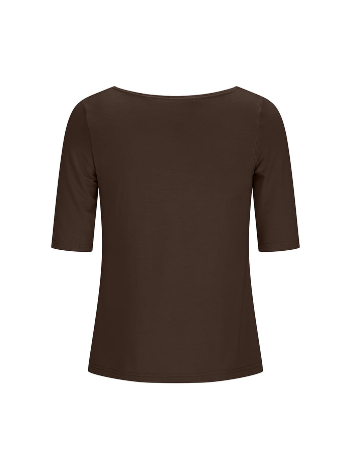 Cocoa brown bamboo boat neck t-shirt with three-quarter sleeves on a white background