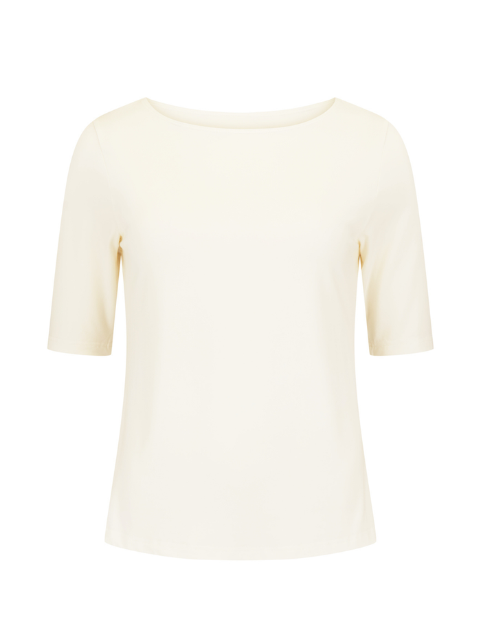 Cream off white boat neck mid sleeve t-shirt on a white background, Womens bamboo clothing