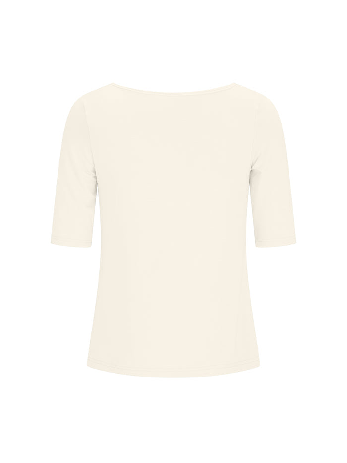 Cream off white bamboo boat neck t-shirt with three-quarter sleeves on a white background
