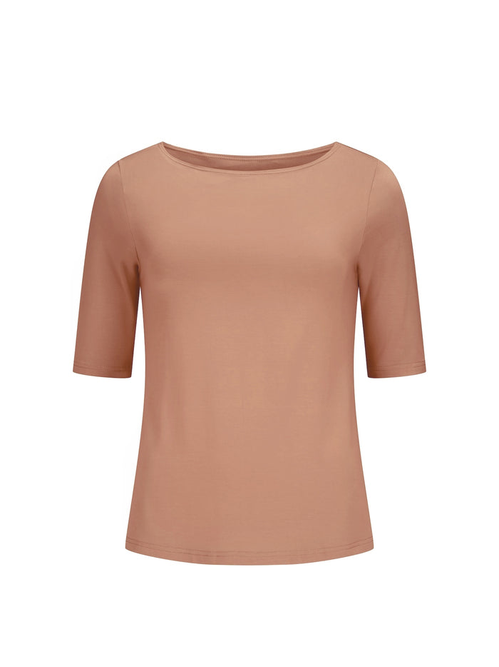 Bamboo Boat Neck Mid Sleeve Tee - Toffee
