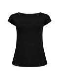 Black boat neck t-shirt with capped sleeves, fitted through shoulders and chest with slight flare at waist, women's bamboo clothing
