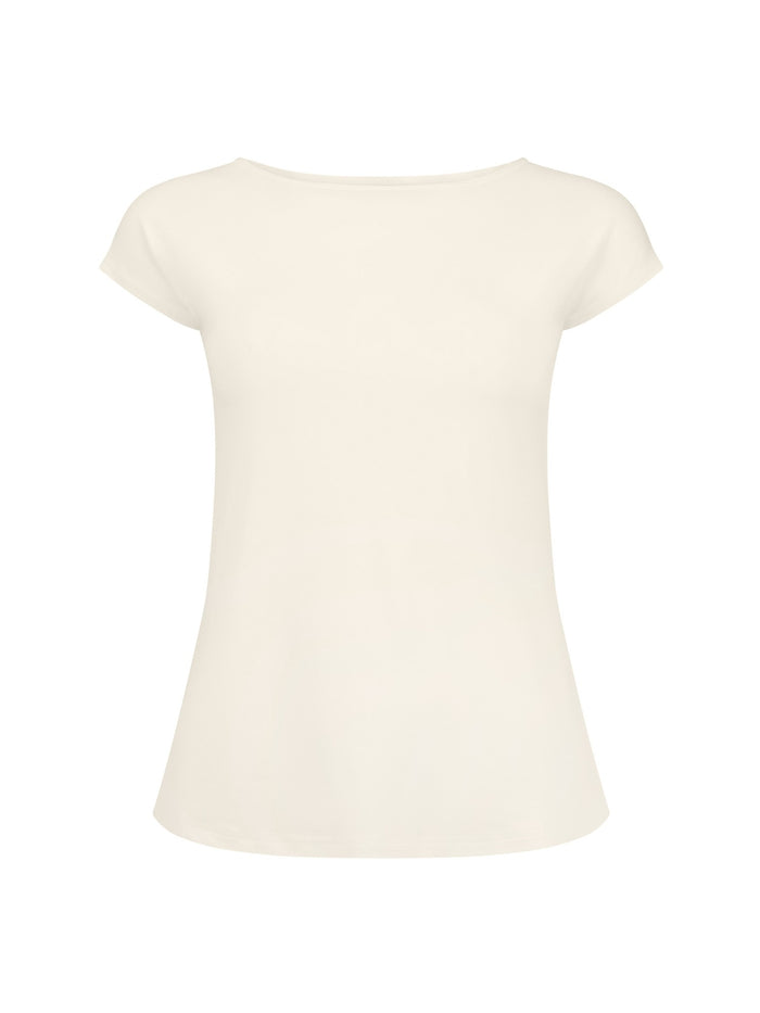 Cream boat neck t-shirt with capped sleeves, fitted through shoulders and chest with loose fit to waist, women's bamboo clothing