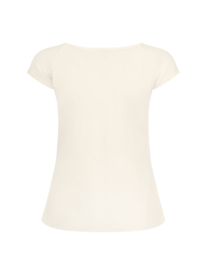 Cream boat neck t-shirt with capped sleeves, fitted through shoulders and chest with loose fit to waist, women's bamboo clothing
