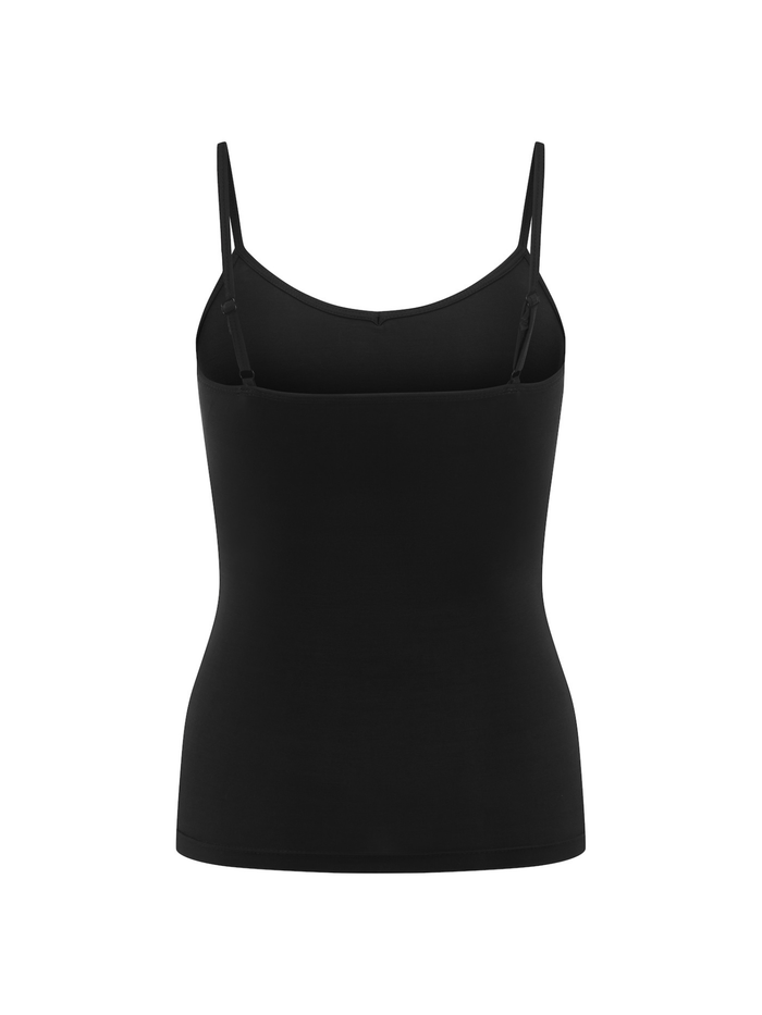 Black spaghetti strap bamboo singlet on a white background