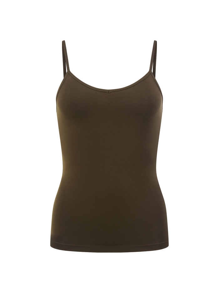 Bamboo cocoa brown body singlet with in-built bralette, subtle v front and adjustable straps, women's bamboo clothing on white background