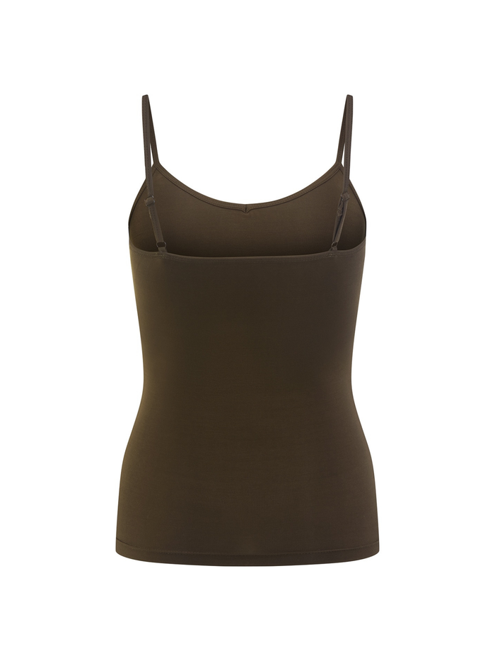 Bamboo cocoa brown body singlet with in-built bralette, subtle v front and adjustable straps, women's bamboo clothing on white background