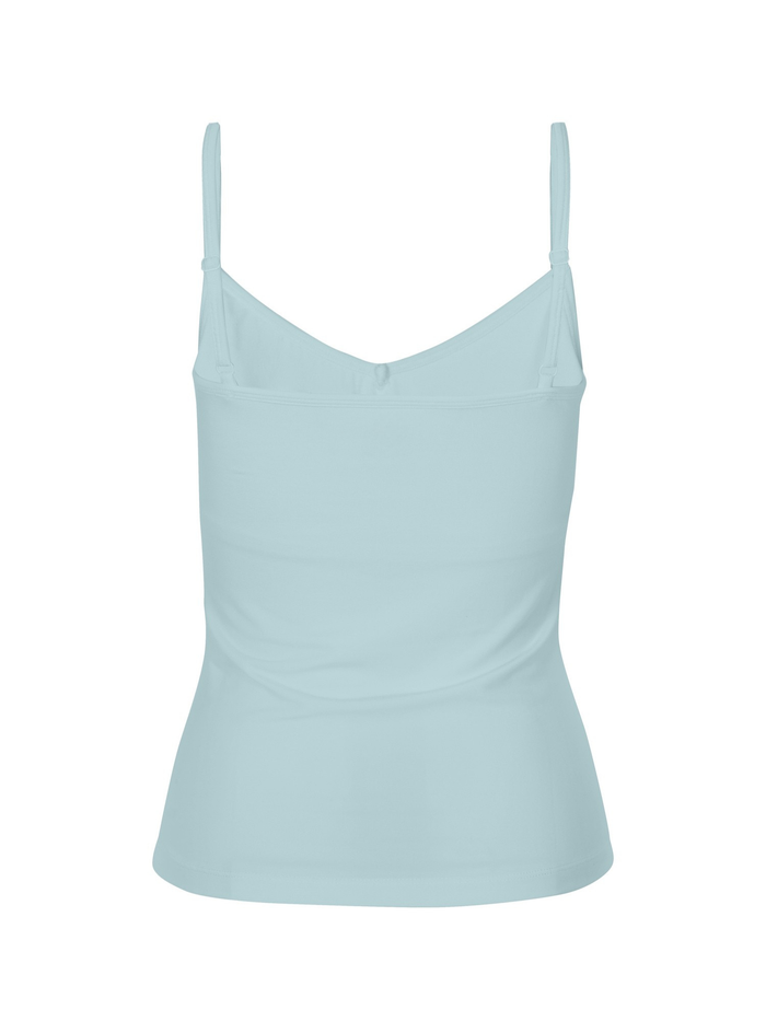 light topaz blue body singlet with in-built bralette, subtle v front and adjustable straps, women's bamboo clothing