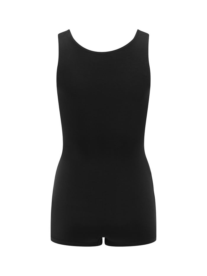 reversible black boyleg bodysuit with scoop and boat necklines, women's bamboo clothing
