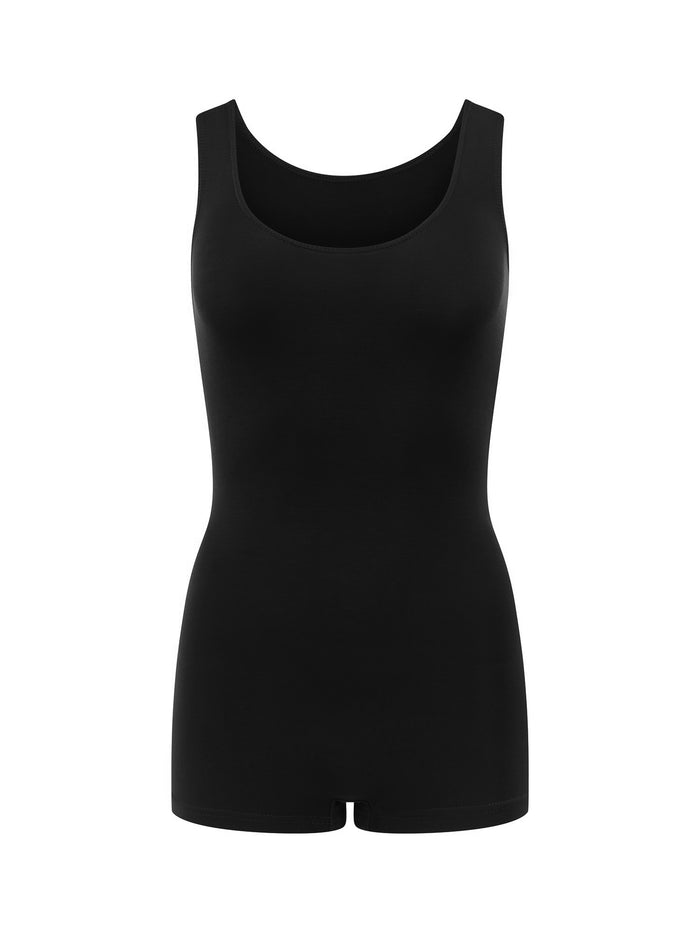 reversible black boyleg bodysuit with scoop and boat necklines, women's bamboo clothing