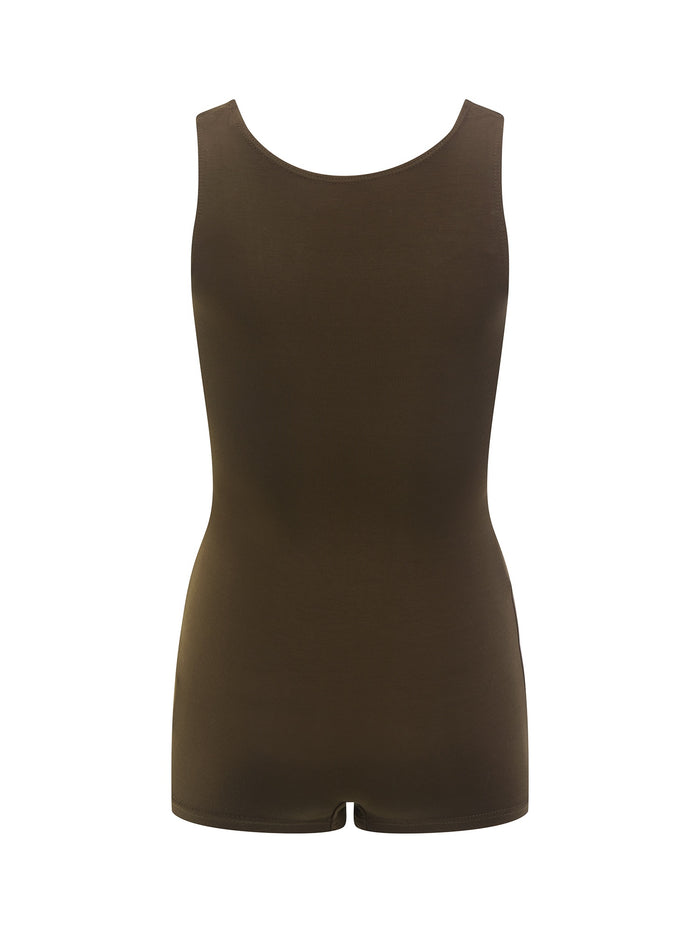 Reversible cocoa brown boyleg bodysuit with scoop and boat necklines, women's bamboo clothing
