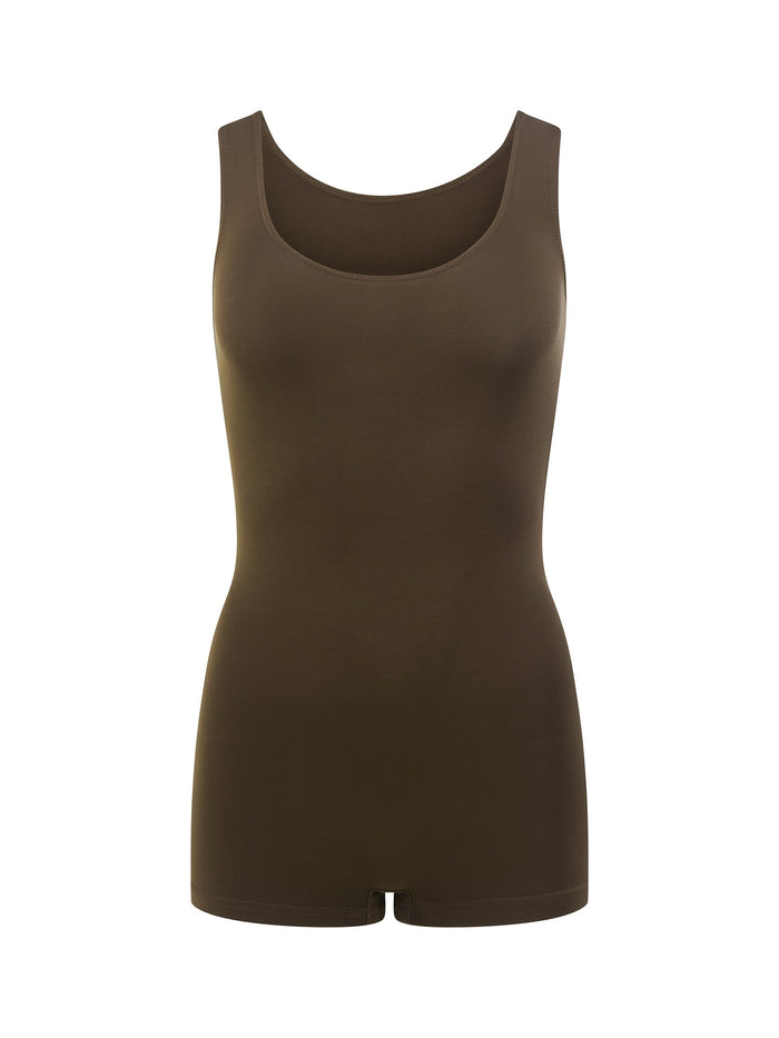 Reversible cocoa brown boyleg bodysuit with scoop and boat necklines, women's bamboo clothing