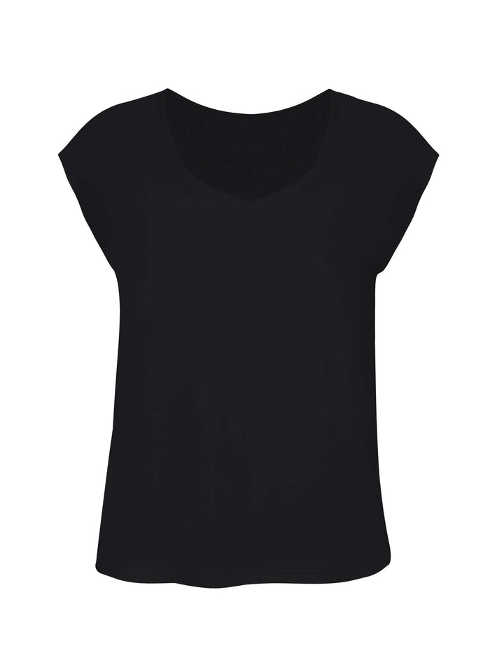 Reversible bamboo black cap sleeved boxy t-shirt with boat and relaxed v necklines, women's bamboo clothing