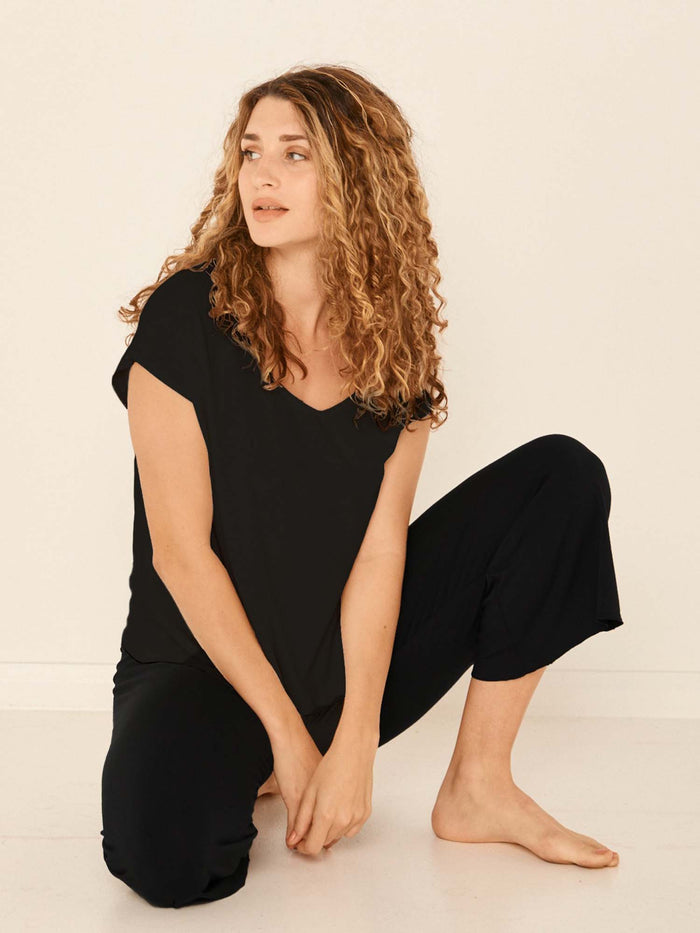 Reversible bamboo black cap sleeved boxy t-shirt with boat and relaxed v necklines, women's bamboo clothing