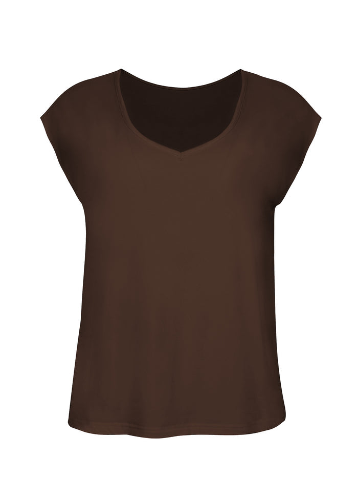 Reversible bamboo cocoa brown cap sleeved boxy t-shirt with boat and relaxed v necklines, women's bamboo clothing