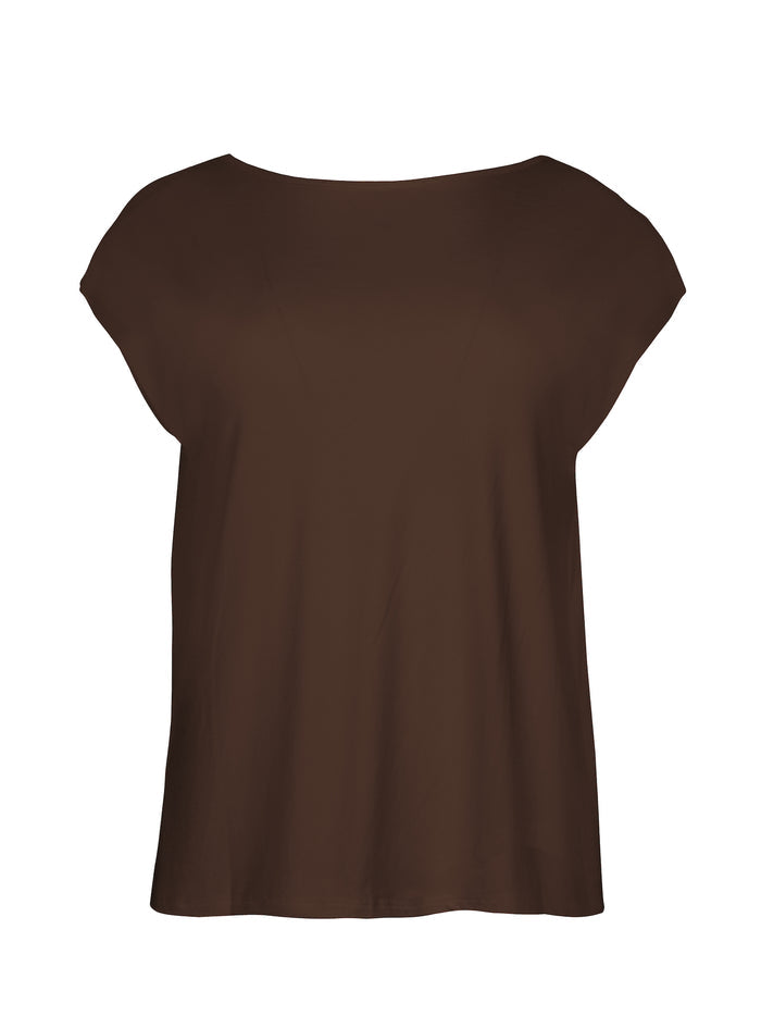 Reversible bamboo cocoa brown cap sleeved boxy t-shirt with boat and relaxed v necklines, women's bamboo clothing