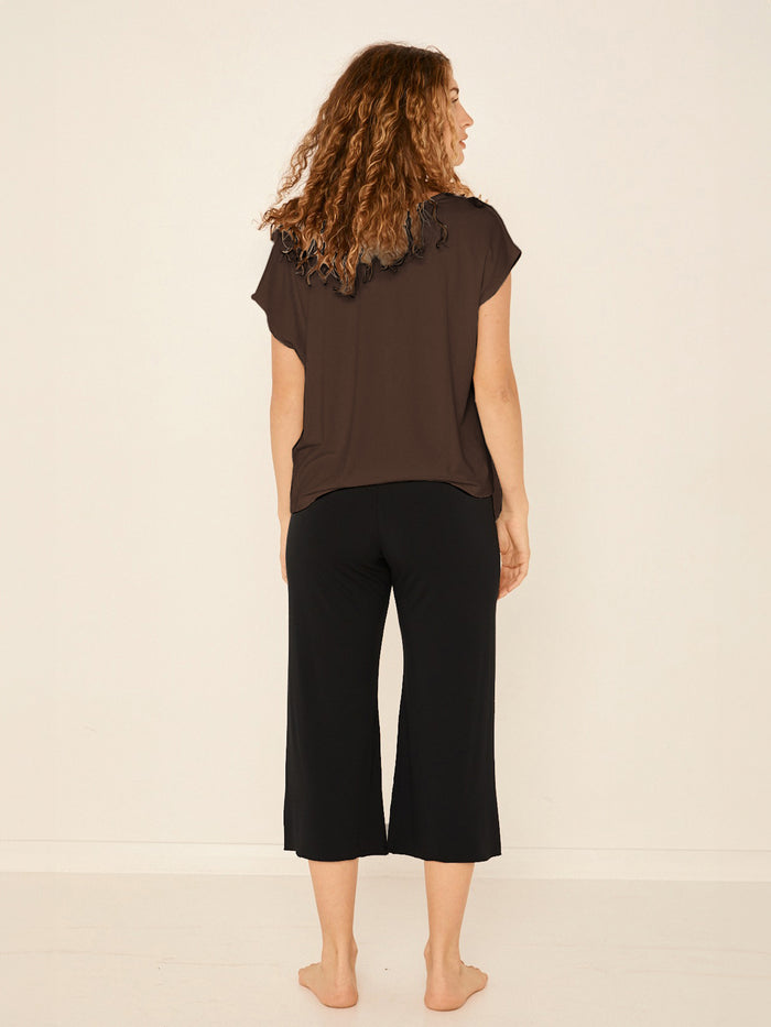 Reversible bamboo cocoa brown cap sleeved boxy t-shirt with boat and relaxed v necklines, women's bamboo clothing