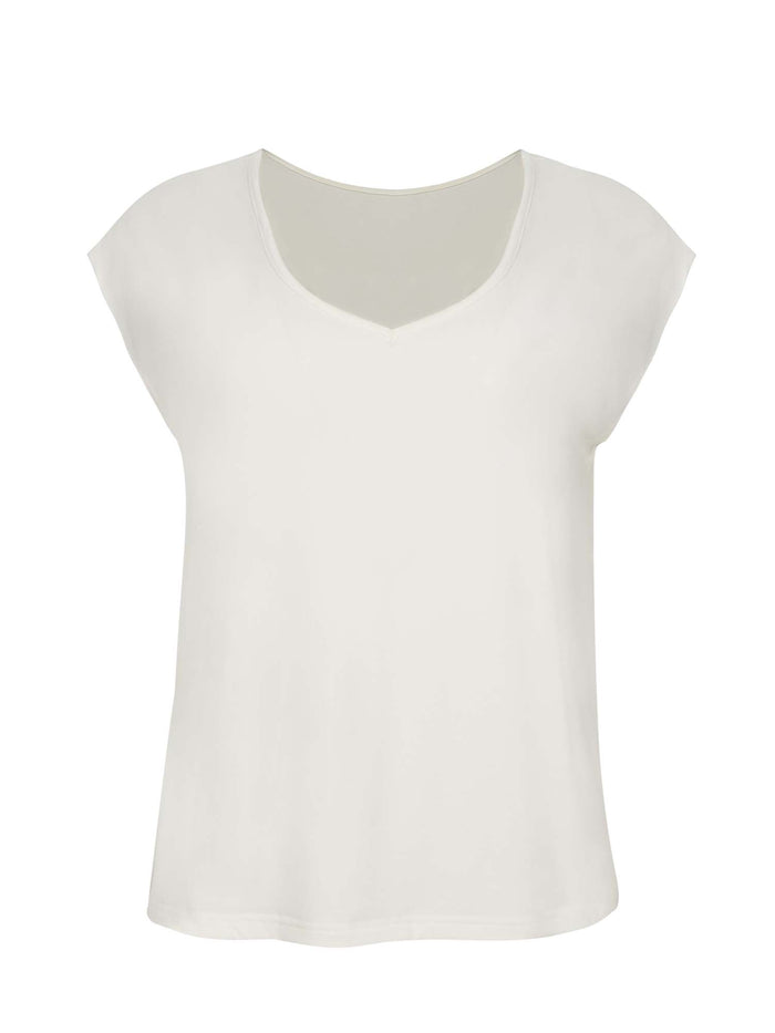 Reversible bamboo cream cap sleeved boxy t-shirt with boat and relaxed v necklines, women's bamboo clothing
