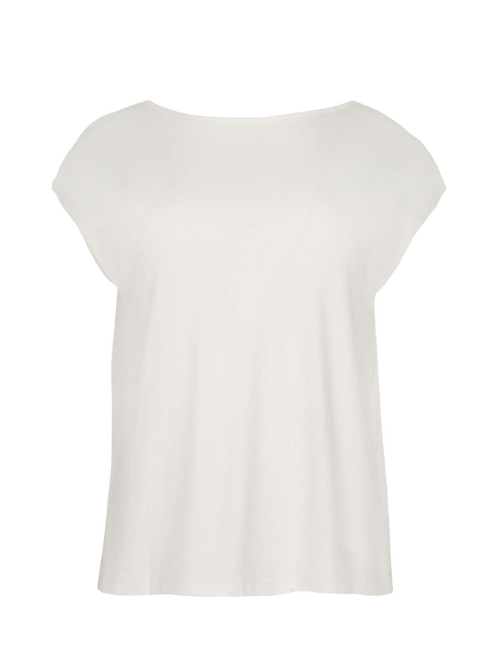 Reversible bamboo cream cap sleeved boxy t-shirt with boat and relaxed v necklines, women's bamboo clothing