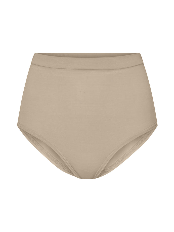 beige nude high waisted full brief with mid leg opening and double layered waistband, women's bamboo underwear
