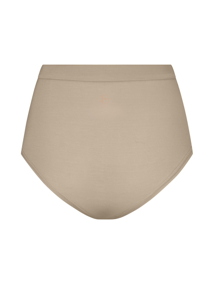 beige nude high waisted full brief with mid leg opening and double layered waistband, women's bamboo underwear