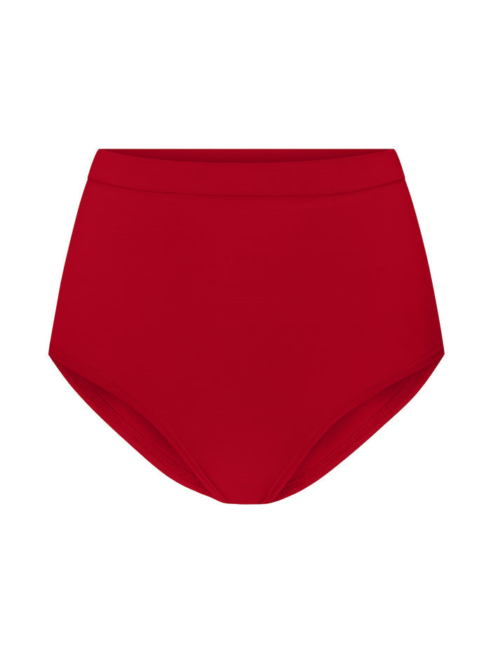 Red high-waisted full bottom undies on a white background