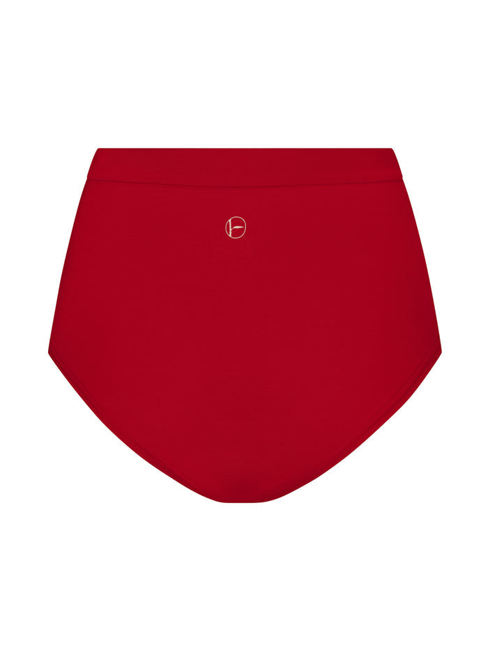 Red high-waisted full bottom undies on a white background