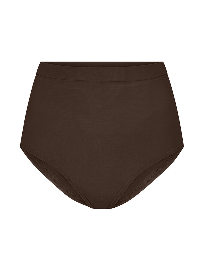 cocoa brown high waisted full brief with mid leg opening and double layered waistband, women's bamboo underwear