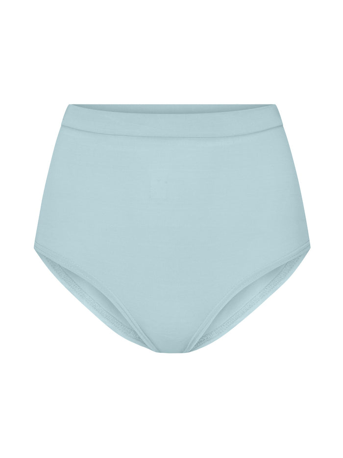 Light blue high-waisted bikini bottom on a white background