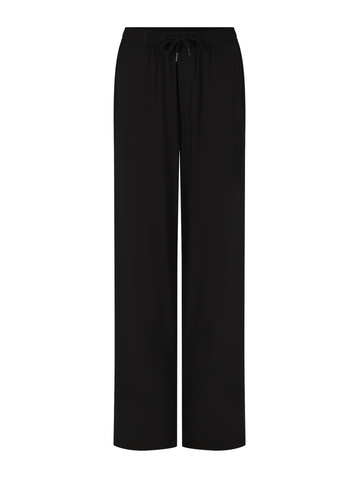 Black full length casual pants with elasticised waist, relaxed loose leg and deep pockets, men's bamboo clothing