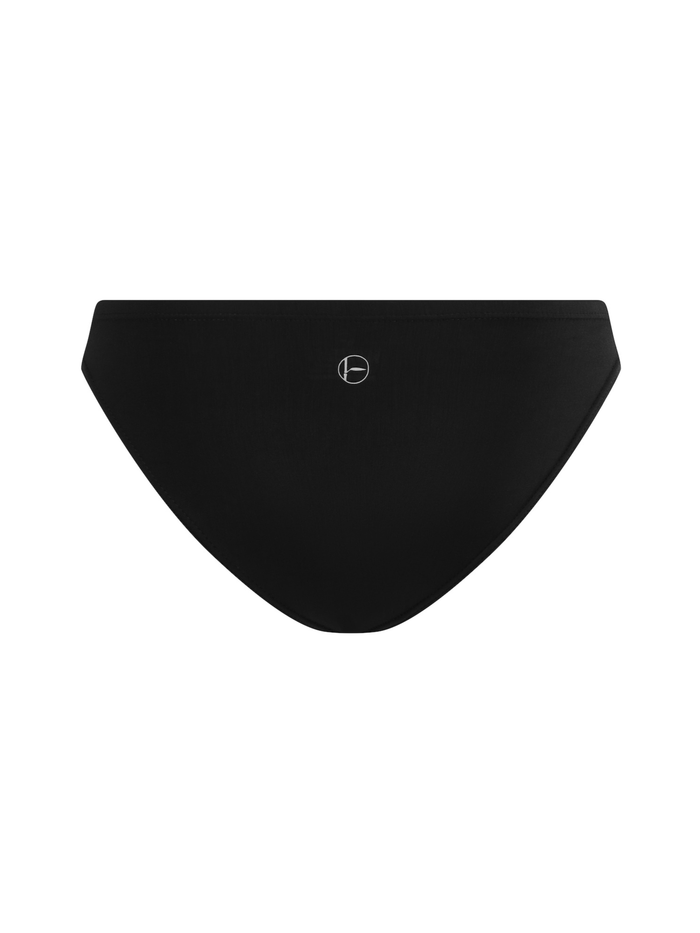 Black bikini bottom with brand logo on a white background