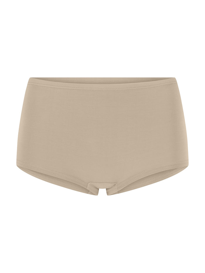Beige high-waisted boyleg underwear on a white background